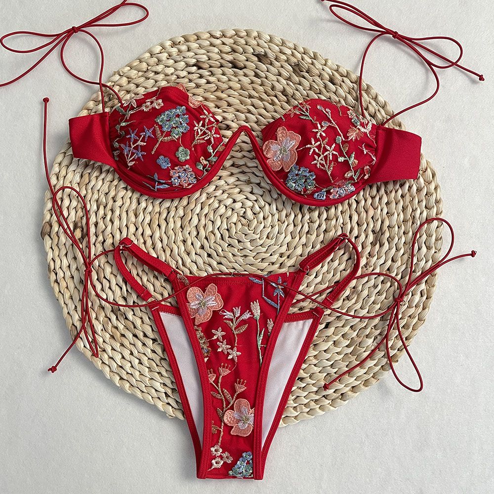DEBAIOR 2025 Women Bikini Set Floral Embroidery Lingerie Set Women Sheer 2-Piece Boho Bra + Panty Underwear Set Intimates