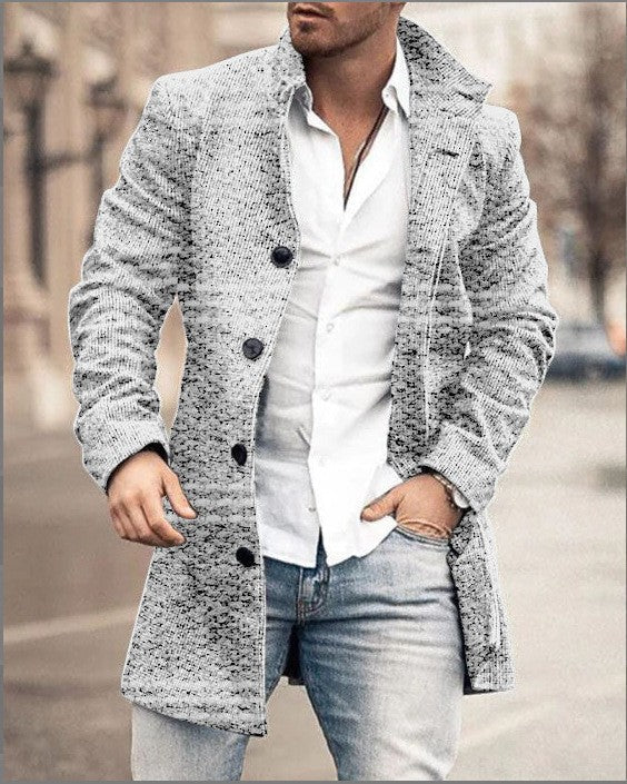 European and American Woolen Overcoat for Autumn and Winter. Korean Style Fashionable Men's Stand-up Collar Woolen Overcoat.