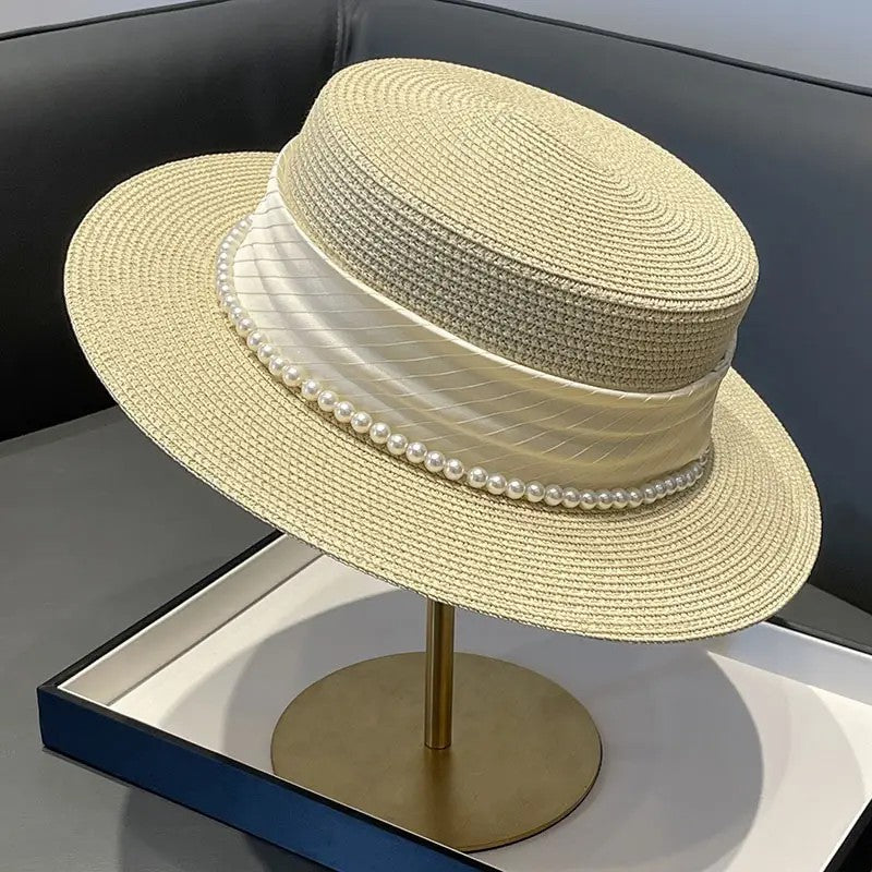 2025 Summer Elegant Pearl Chain Flat Sun Hats for Women Chapeau Feminino Straw Hat Panama Wide Brim Anti-UV Beach Cap Girl Topee