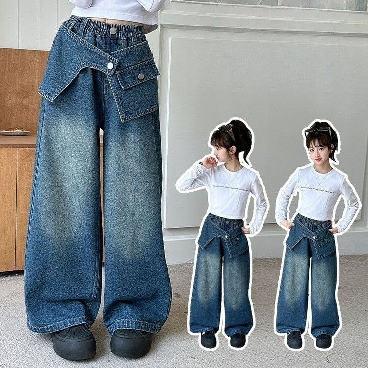 2025 Autumn Trendy Korean Style Flared Jeans for Girls - Medium & Large Kids, Ruffled Long Pants for Junior High Students