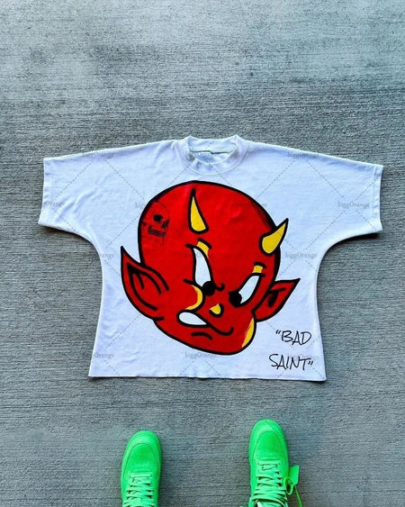American Hip-hop Anime Print Oversized T-shirt Men Retro Trendy Streetwear Top Pure Cotton Round Neck Casual Loose Short Sleeves