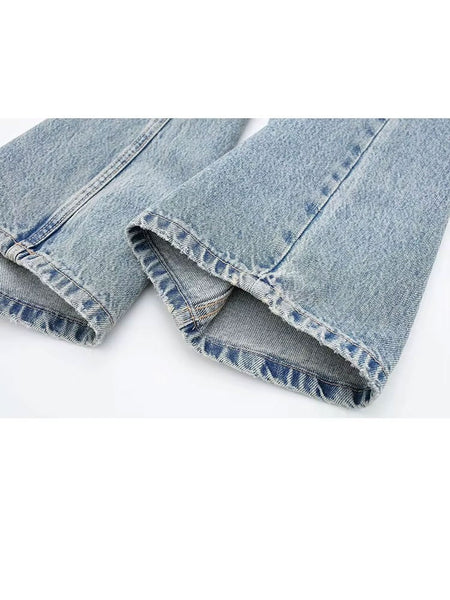 HH 2024 Women's Street Fashion Denim Blue Jeans Distressed Patchwork High Waist Zipper Fly Ripped Retro Long Pants