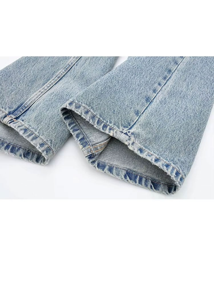 HH 2024 Women's Street Fashion Denim Blue Jeans Distressed Patchwork High Waist Zipper Fly Ripped Retro Long Pants