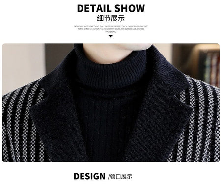 Classic Autumn Winter Men's Mid-Length Woolen Coats Casual Striped Overcoat Outwear Windbreaker Business Warm Long Jackets