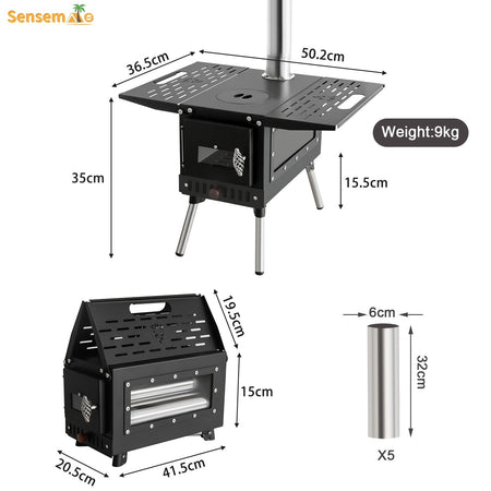 Hot Tent Wood Burning Stove Folding Stainless Steel 5-Section Chimney Outdoor Camping Wood Heater with Cooking Wing Panels