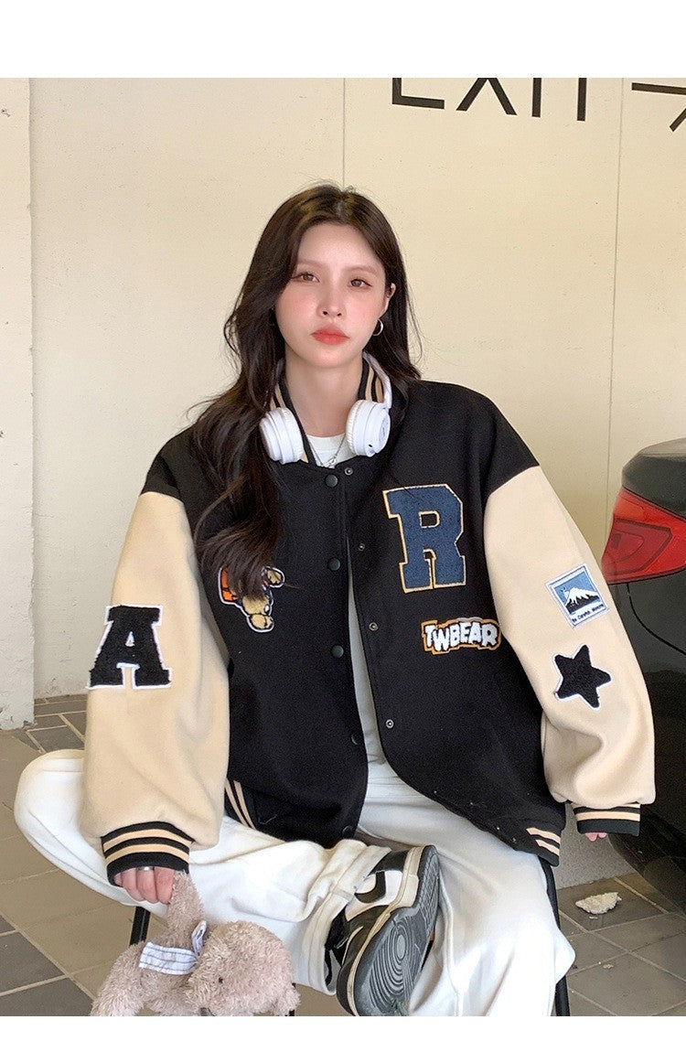 New Autumn and Winter Padded Baseball Jersey Women American Retro Loose Sweater Women Jacket