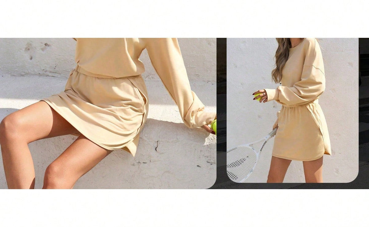 Sexy Women Long Sleeve Active Dress Mid-Calf Elastic Waist Pleated Backless Keyhole Workout Dress With Built In Shorts