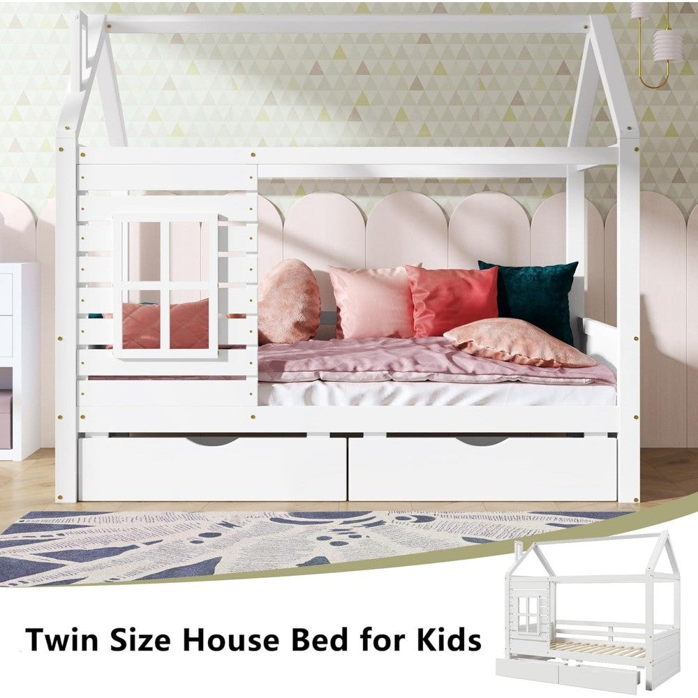 Aoowow Twin Size Kids House Bed with 2 Drawers, Wooden Twin Bed Frame with Window and Roof for Bedroom, Modern Twin Size Kid Pla