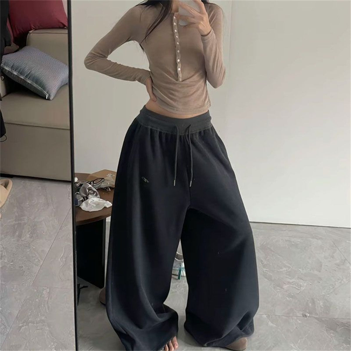 Oversize Woman Grey Black Sweatpants Y2K Korean Streetwear Loose Casual Jogger Pants High Waist All Match Drawstring Trousers