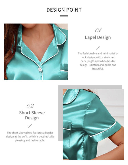 Luxurious Satin Pajama For Women Turn-down Collar Button Top & Shorts Sleepwear & Loungewear for Summer Home Clothes Suit
