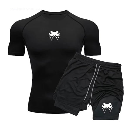 Men Compression Athletic Fitness Wear - Quick-Dry Tight Short-Sleeve Anime Double-Layer Shorts Summer Set Fitness Running Set