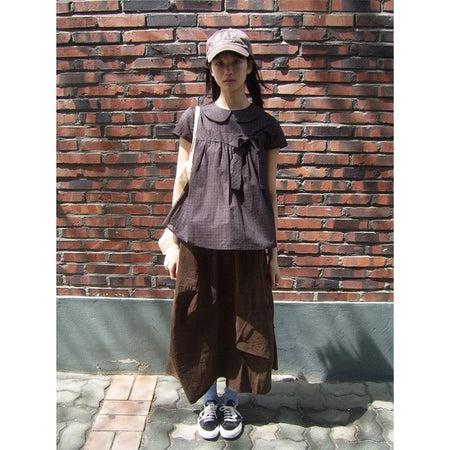 Vintage Plaid Shirts Women Japanese Harajuku Bow Peter Pan Collar Blouses Summer Korean Aesthetic Short Sleeve Casual Tops New