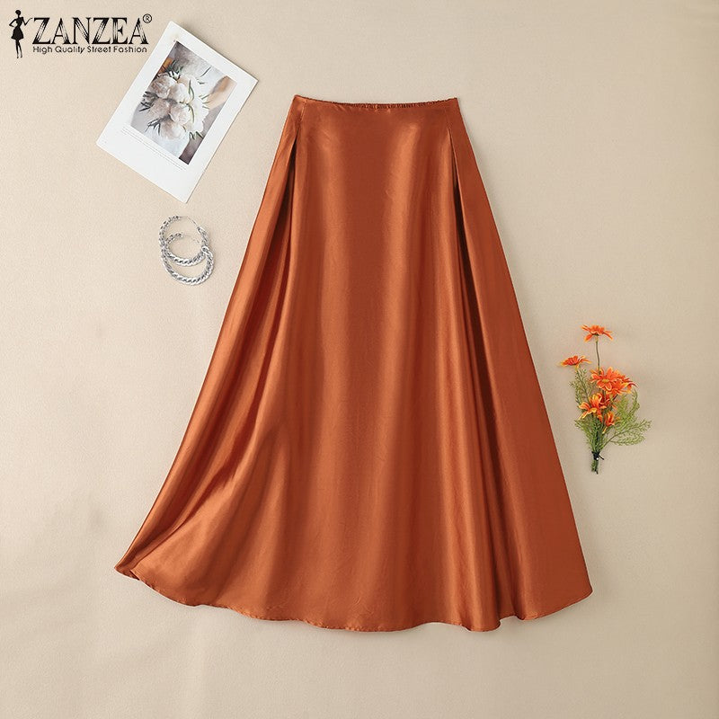 2025 Stylish Autumn High Waist Party Satin Skirts ZANZEA Women Jupe Plus Size Solid A-line OL Work Faldas Saia Maxi Long Skirt