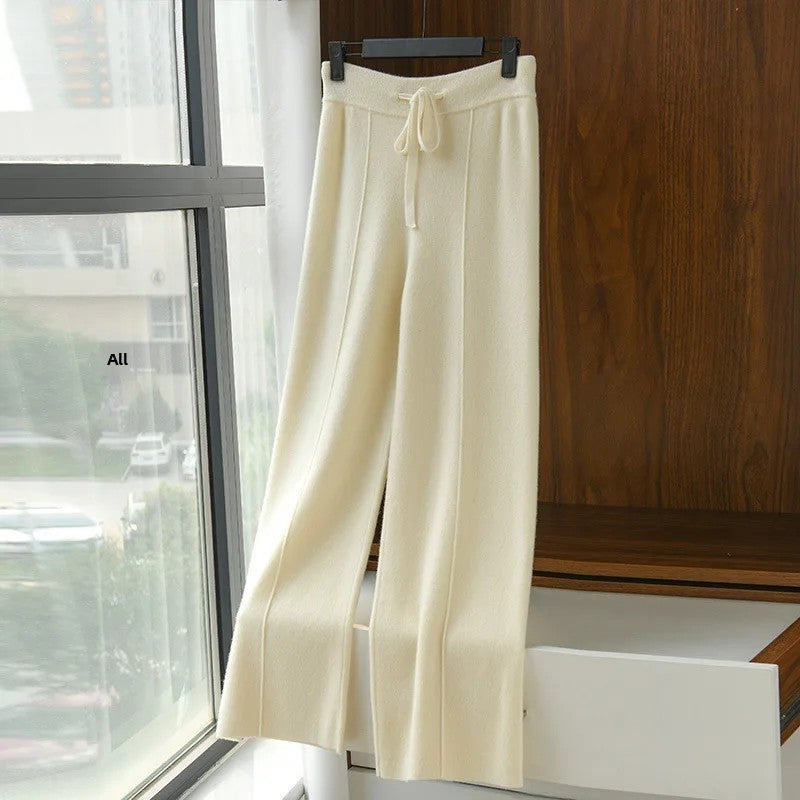 High Waist Wide Leg Pants Mid-Seam Knitted Trousers Drawstring Waist Belted Floor-Length Pure Color Versatile Autumn Winter Casu