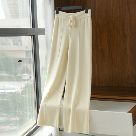 High Waist Wide Leg Pants Mid-Seam Knitted Trousers Drawstring Waist Belted Floor-Length Pure Color Versatile Autumn Winter Casu