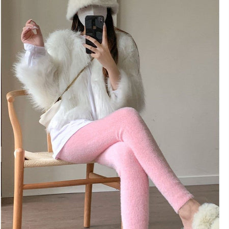 Pink Mink Velvet Pants Women High Waist Elasticity Plush Casual Thermal Leggings Tight Knitted Straight Wear Outside Trousers