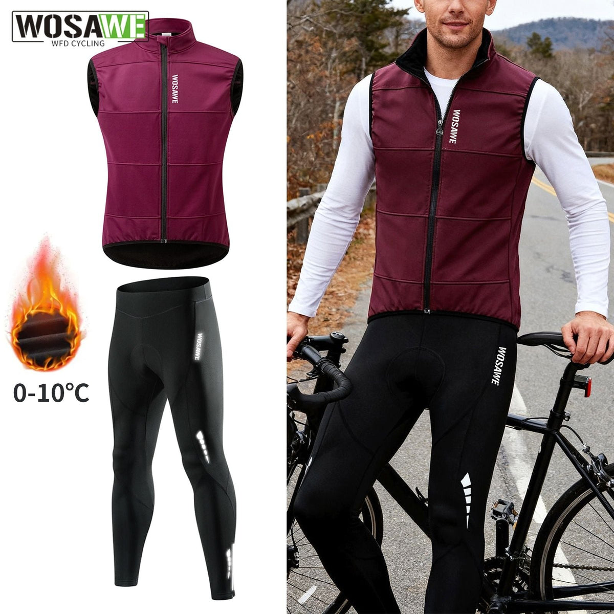 WOSAWE Cycling Jersey Set Winter Spring Vest Pants Sleeveless MTB Bicycle Clothing Warm Bike Jackets Thermal Fleece Suit
