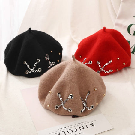 Fashion Winter Berets For Women girl Punk Rock Style Iron Rings Beret Caps Retro Wool Hats Black Woolen Painter Caps