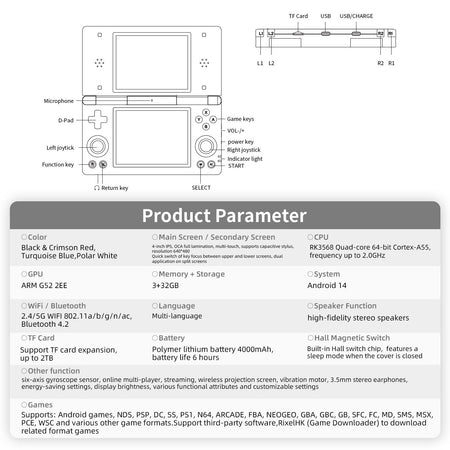 Anbernic RG DS Video Game Console Dual 4.0” IPS Screen Android 14 Support Dual Application On Split Screens & Hall  PSP Gifts