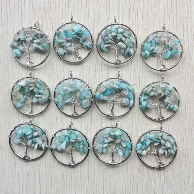 Natural Amethysts Roses Quartz Stone Handmade Wire Wrapped Tree of Life Pendants 30mm for Jewelry Marking Wholesale 12pcs/lot