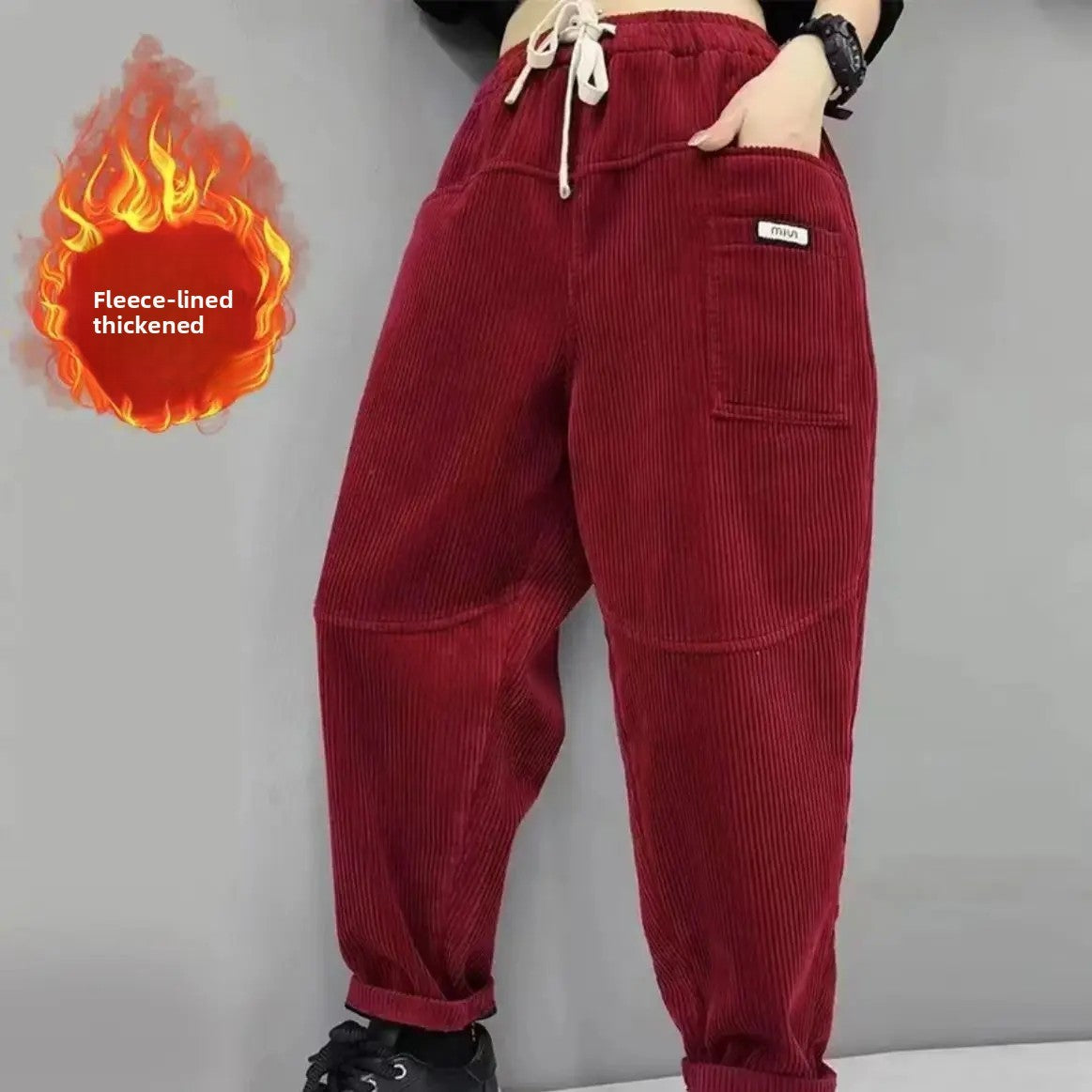 Thickened Fleece Lined Corduroy Harlan Pants Winter New Fashion Long Trousers Elastic Waist Loose Versatile Trendy Women's Cloth
