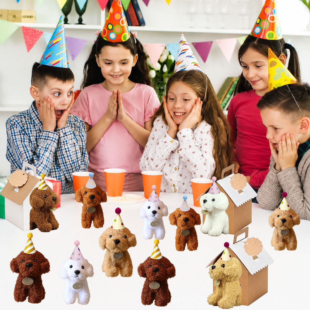 8-36Pcs Puppy Stuffed Animals Bulk Adopt A Puppy Party Favors with Card Hat Paper Boxes Birthday Stuffed Dogs Keychain for Kids
