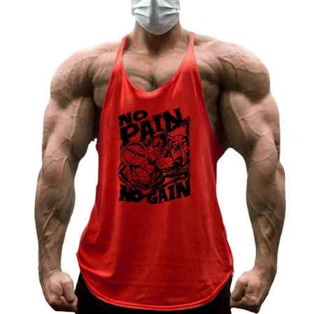 NO PAIN NO GAIN Print Gym Fitness T-Shirt Mens Bodybuilding Sport Sleeveless Vests Cotton Breathable Y-back Suspenders Tank Tops