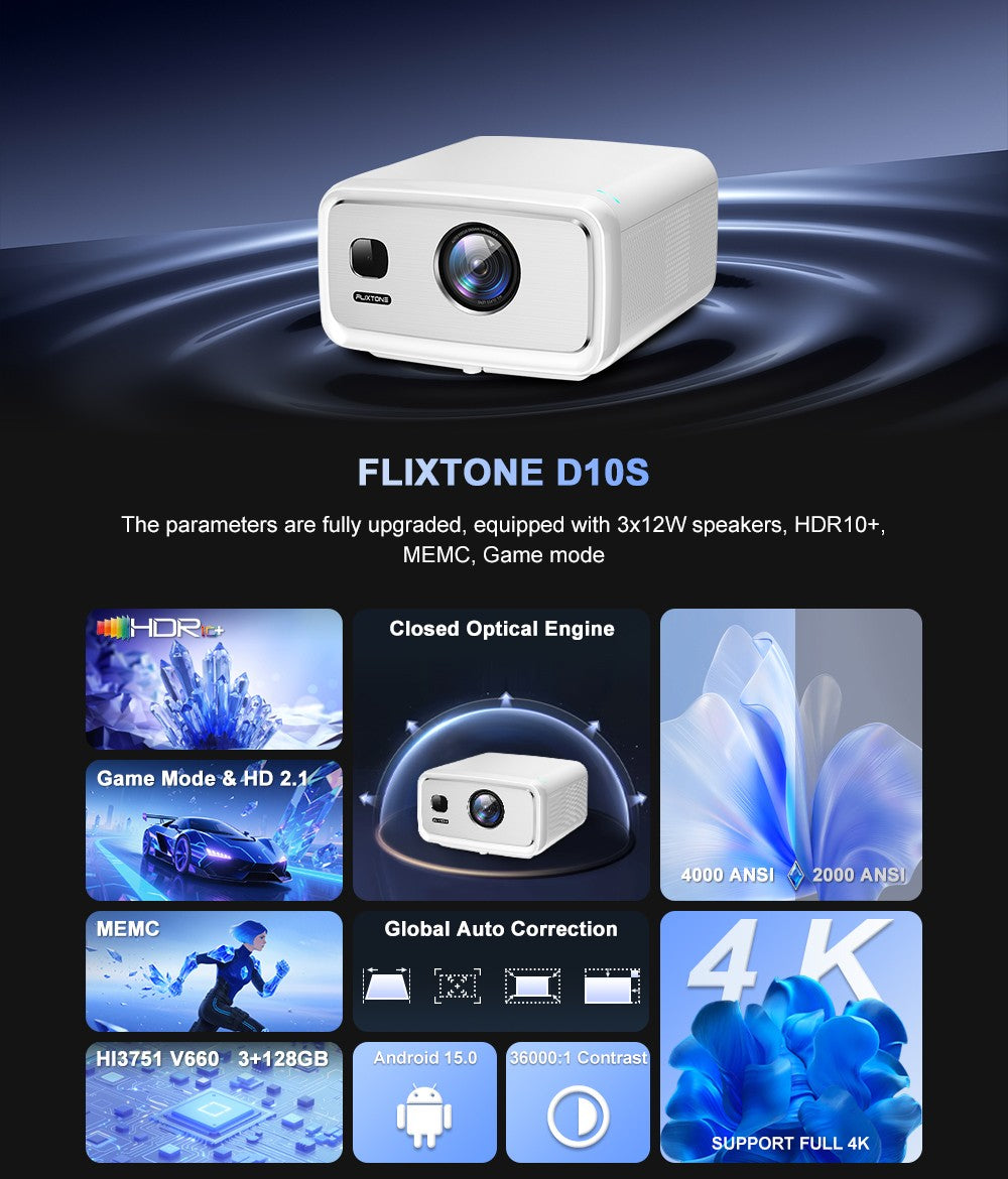 Flixtone 4000 Ansi  Full HD Projector 4k D10S 3G 128 G Beam Projectors Home Theater Video Android 15 Samrt TV Beamer for Movies
