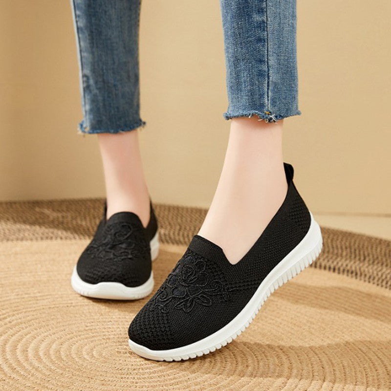 Women's Fashion Vulcanised Trainers 2025 Round Toe Breathable Flower Mesh Casual Flat Slip-On Women's Casual Vulcanised Shoes