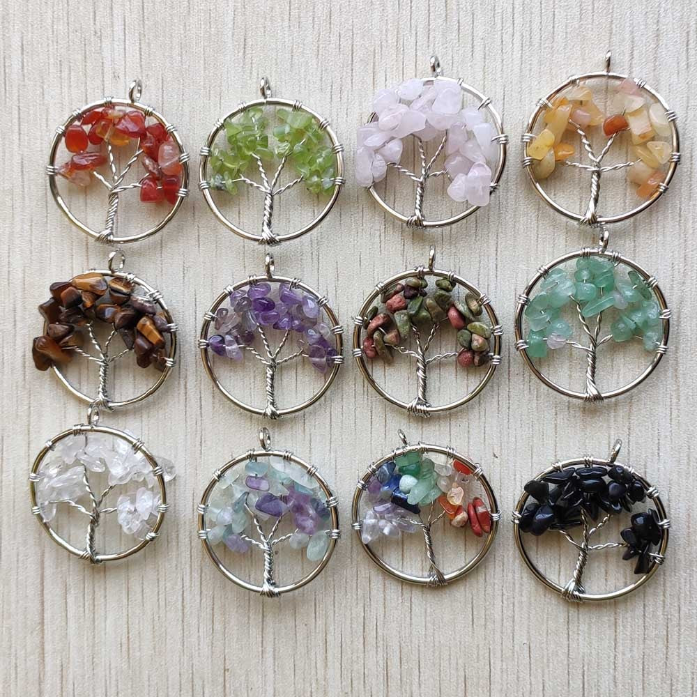 Natural Amethysts Roses Quartz Stone Handmade Wire Wrapped Tree of Life Pendants 30mm for Jewelry Marking Wholesale 12pcs/lot