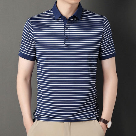 2024 Men's New Striped Cotton Business Casual Short Sleeved POLO Shirt Fashion Short Sleeved Comfortable and Breathable Top