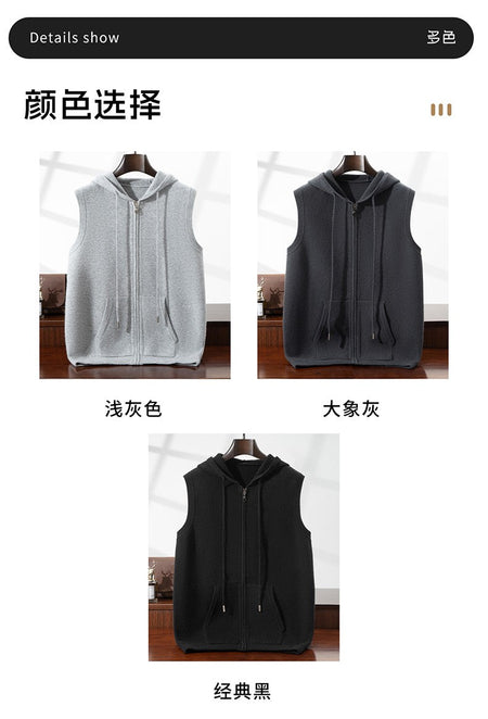 Autumn Winter Thickened Warm 100% Pure Wool Vest Men's Vest with Hood Zipper Cardigan Casual Pocket Sweater Jacket
