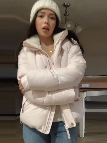 Pink Women's Jacket With Hat Zipper Pockets Inner Faux Fur Solid Female Jackets 2025 Autumn Winter Fashion Chic Lady Outwears