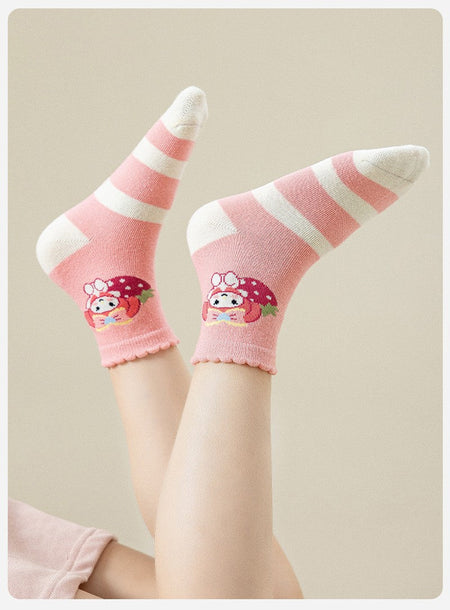 5Pairs Sanrio Cinnamoroll Kuromi Kawaii Spring and Autumn Cartoon Middle Tube Socks For Girls Boy Children Mid-calf Cotton Socks