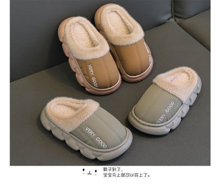 New Children's PU Leather Plush Slippers Soft Sole Non-slip Winter Warm Baby Boys Girls Indoor Home Cotton Shoes