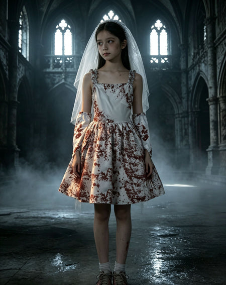 Kids Bloody Ghost Bride Costume, Girls Halloween Dress with Veil and Arm Sleeves