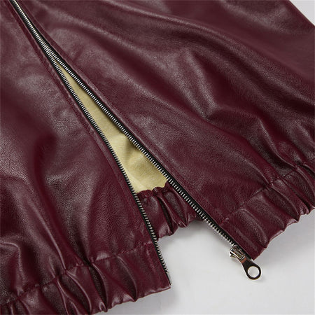 Women Vintage Wine Red Faux Leather Jakcet Fashion Outerwear Zipper Lapel Pu Coats Autumn Winter Streetwear Ladies Short Tops