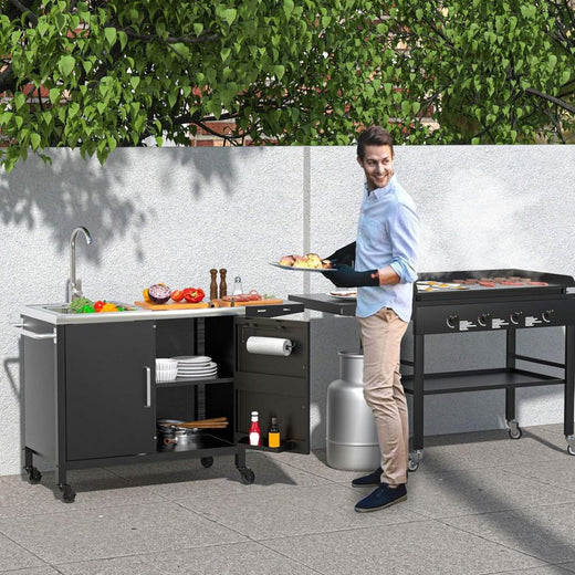 outdoor grill table with sink,metal grill cart, outdoor kitchen island with stainless steel sink,l57*w21.65