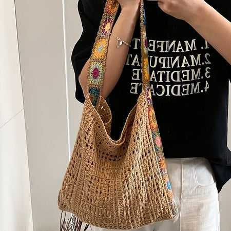 Women's Boho Crochet Bag Designer Flowers Knitted Handbags Large Capacity Summer Beach Woven Shoulder Bag Girls Tote Shopper Bag