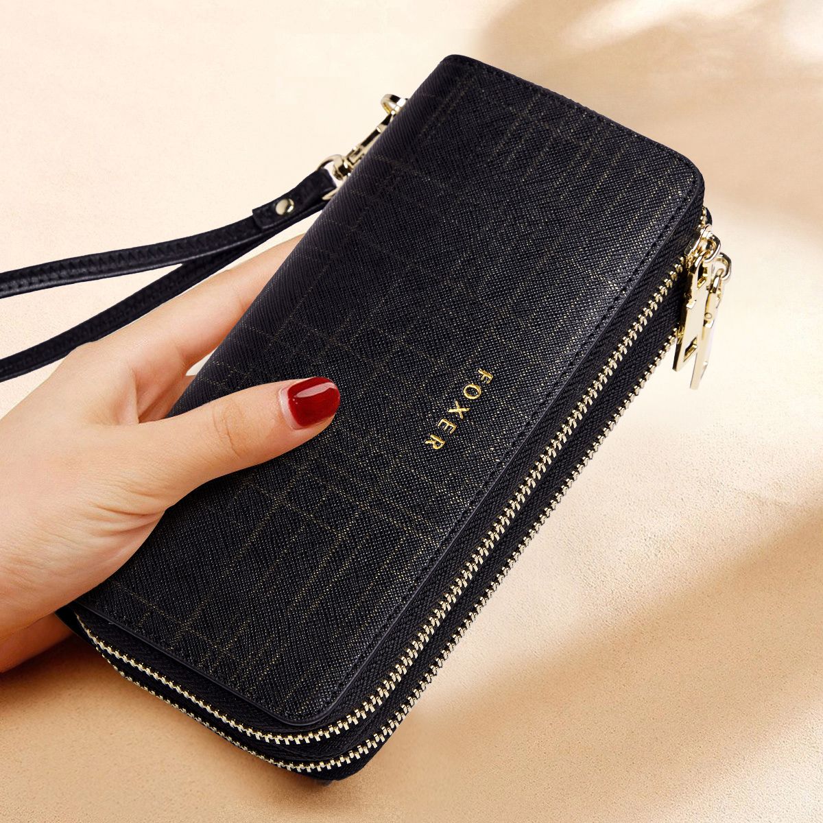 FOXER Split Leather Lady's Wallet Bifold Long Clutch Bag with Wristlet Fashion Card Holder Coin Purse Cellphone Money Bag