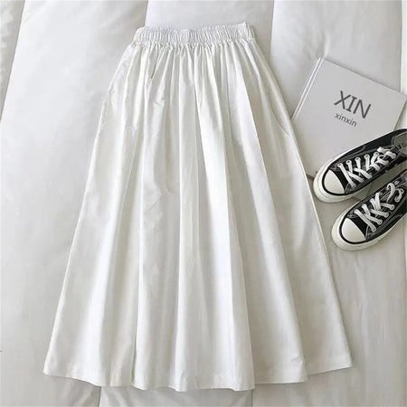 Women Solid Long Skirt Fashion Pockets Pleated Knee Length Skirts Autumn 2025 New Casual Elegant High Waist A Line Femme Skirts
