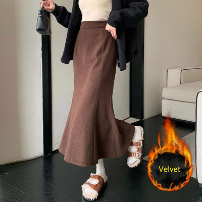 Plus Size Skirt Women 2024 Winter High Waist Elastic Velvet A Line Mermaid Skirt Korean Style Elegant Brown Or Black Long Skirts
