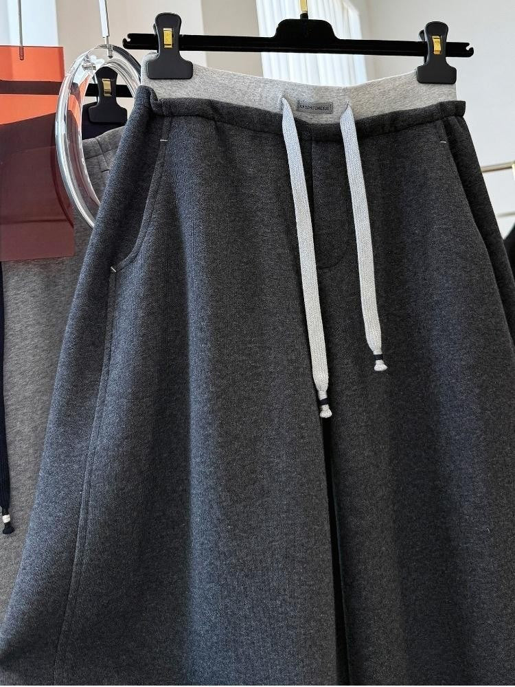 Patchwork Drawstring High Waist Wide Leg Pants for Women Spring and Autumn  Curved Hem Trousers