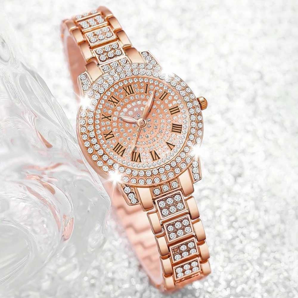 4 Pieces Fashionable Luxury Women's Watch Set with Rhinestone Roman Numbers Round Dial Watch Quartz Bracelet Perfect Gift Set