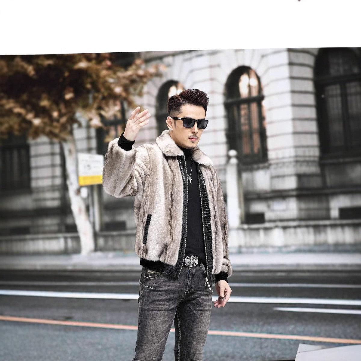 Zipper Cardigan Spliced Faux Leather Men Long Sleeve Jackets Turn Down Collar Coat Long Sleeve High Street 2025 Autumn Slim