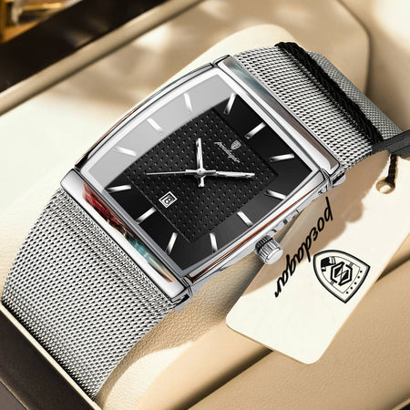 POEDAGAR Top Luxury Men Watch Stainless Steel Mesh Date Waterproof Luminous Man Wristwatch Casual Rectangle Quartz Men's Watches