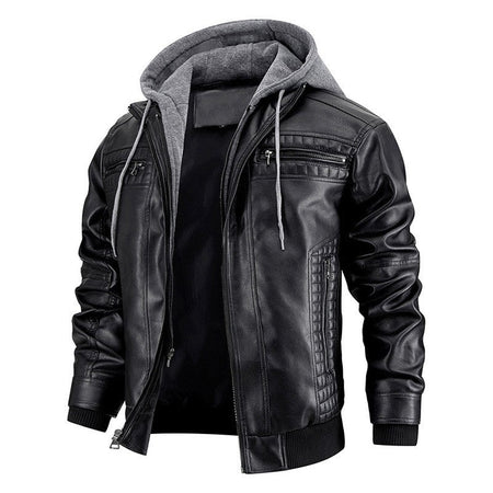 Men's PU Leather Jacket Hooded Motorcycle Slim Fit Casual Coats Men Autumn Winter Windproof Hat Detachable Biker Leather Outwear