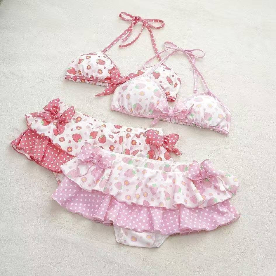 Japanese Style Kawaii Girls Swimsuit Sweet Printed Halter Bikini Swimsuit Women Ruffle Bikini Set Bather Bathing Suit Swim