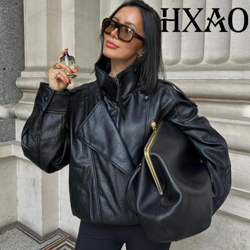 HXAO Faux Leather Jacket Coat Demi-Season Black Bomber Jacket Outerwears Long Sleeve Snap Button Cropped Motorcycle Jacket