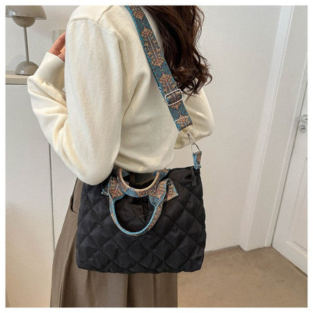 Women Wide Shoulder Belt Handbag Fall/Winter Rhombus Space Cotton Shoulder Bag Large Capacity All-Match Shopping Tote Bag